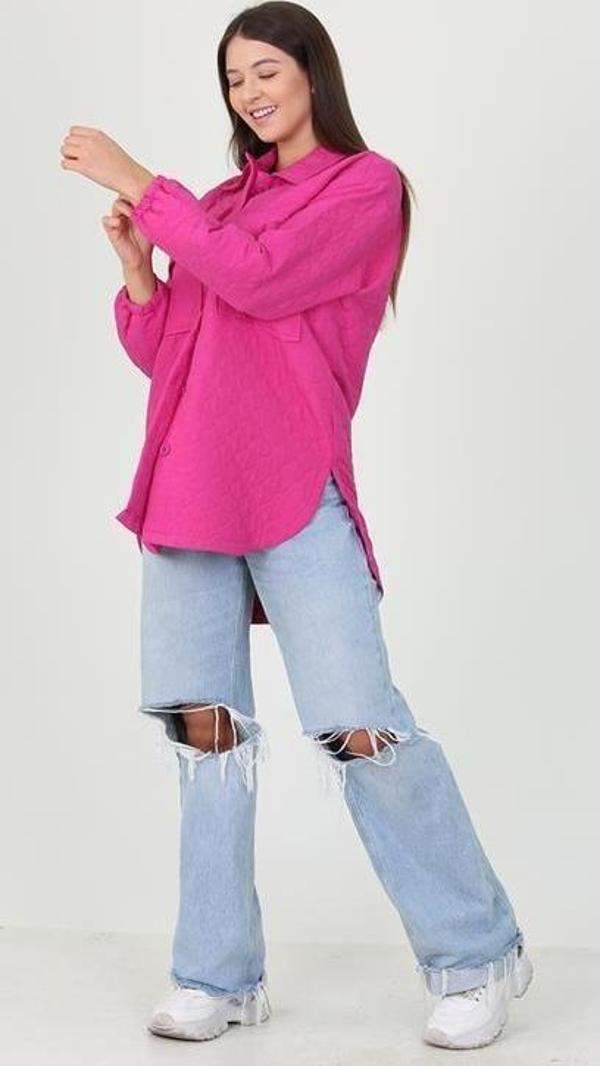 kadın fuşya cep detaylı owersize ceket gömlek DPM10055  - Image 1