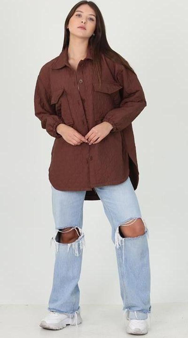 Dip Moda kadın kahverengi cep detaylı owersize ceket gömlek RY10055  - Image 1