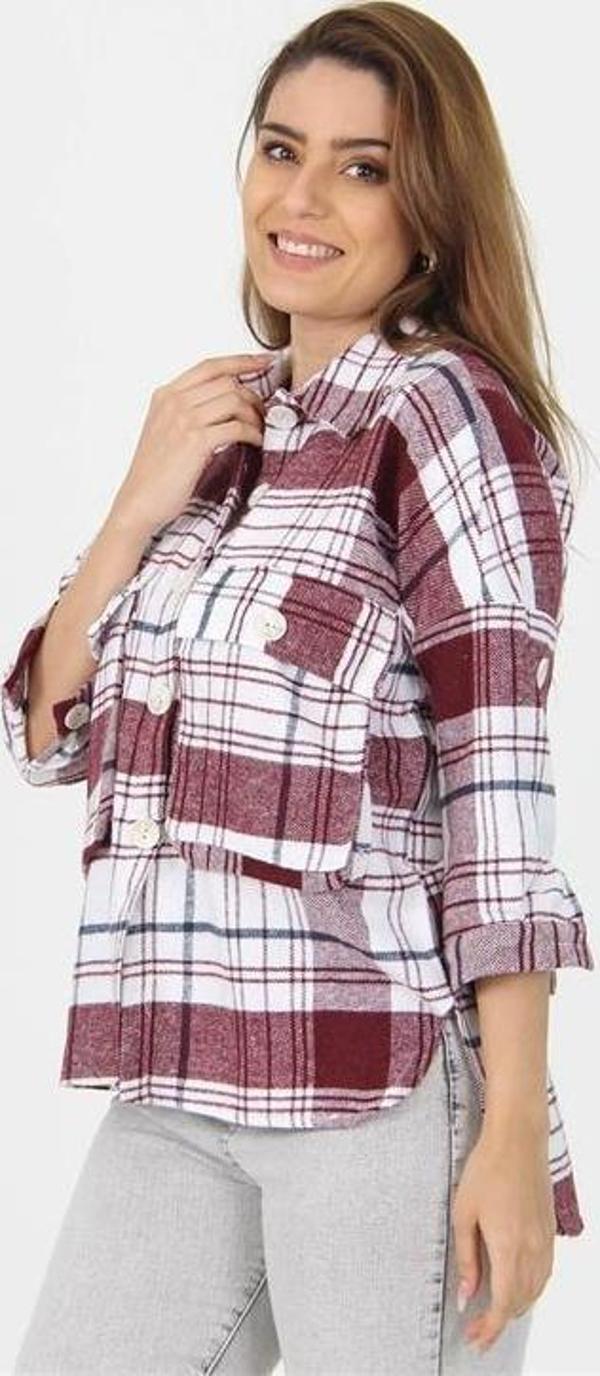 Dip Moda kadın katlanabilir kol cep detaylı ekose oduncu gömlek DP9020 - Image 1