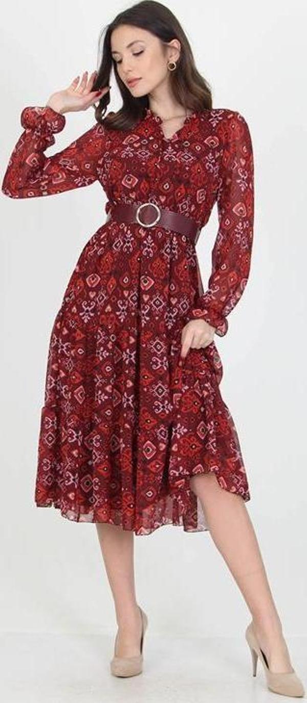 Dip Moda kadın kemerli yakası bağlama detaylı desenli şifon elbise RSSN02 - Image 1