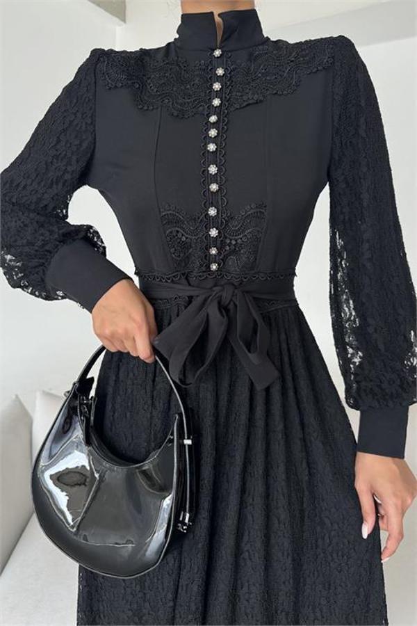 Dip Moda kadın ithal tül kumaş dantel detaylı tasarım elbise DPMS4293 - Image 1