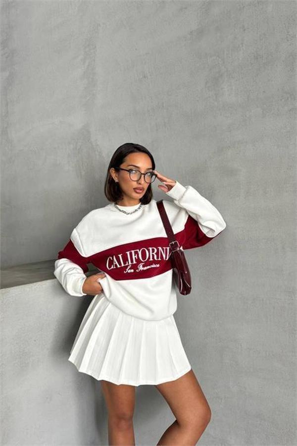 Dip Moda kadın kırmızı bisiklet yaka california sweat DPG038 - Image 1
