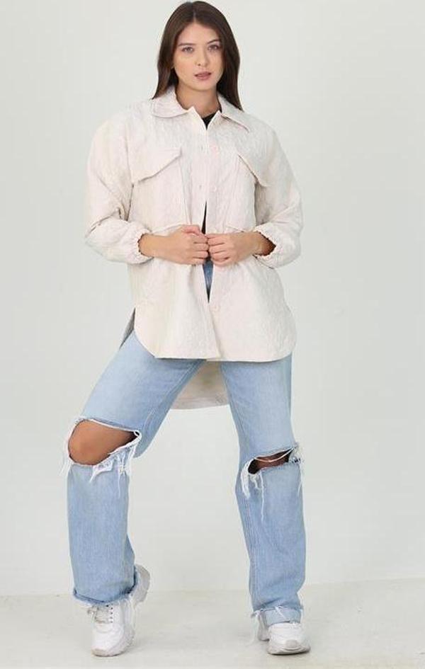 Dip Moda kadın bej cep detaylı owersize ceket gömlek RY10055  - Image 1