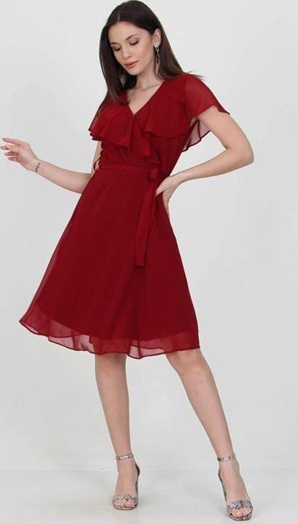 Dip Moda kadın midi boy yeni sezon kruvaze yaka melek kol şifon elbise RY8081 - Image 1