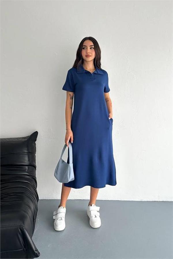 Dip Moda kadın modal kumaş gömlek yaka salaş elbise DPTG003 - Image 1