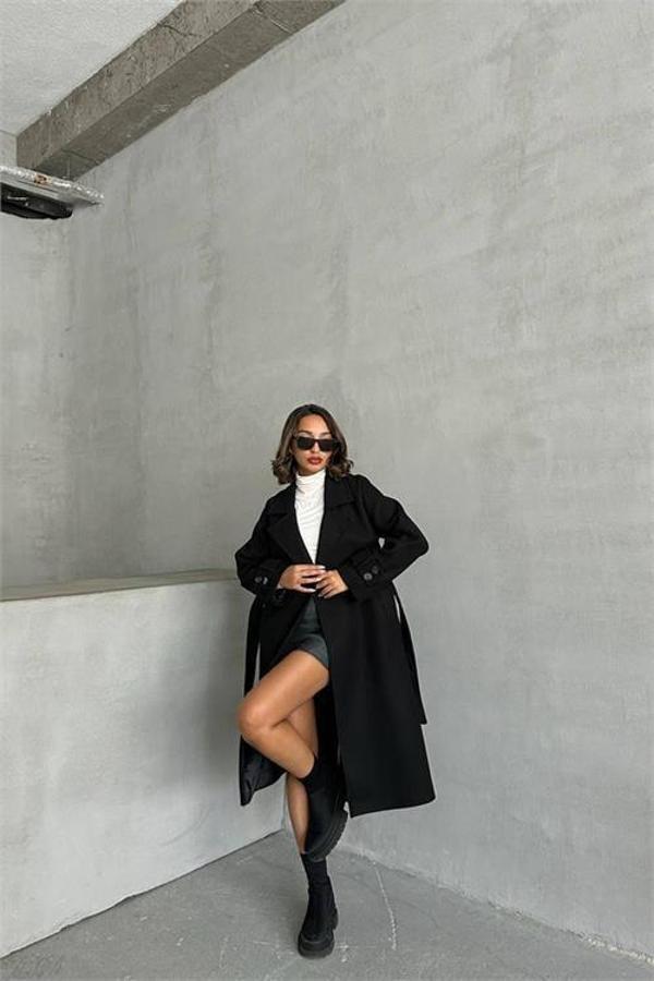 Dip Moda kadın astarlı siyah ithal kaşe kaban DPG048 - Image 1