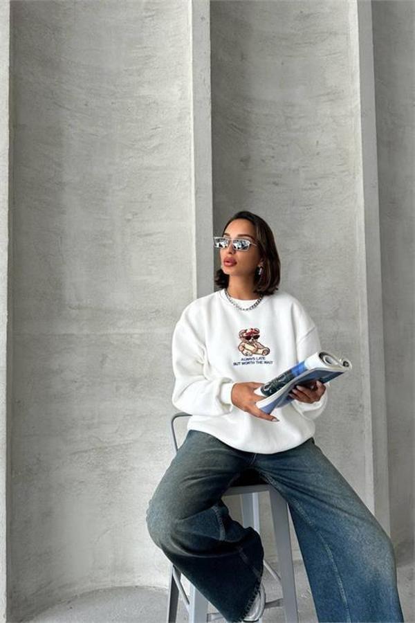 Dip Moda kadın ekru içi pamuklu nakış detaylı sweat DPG035 - Image 1