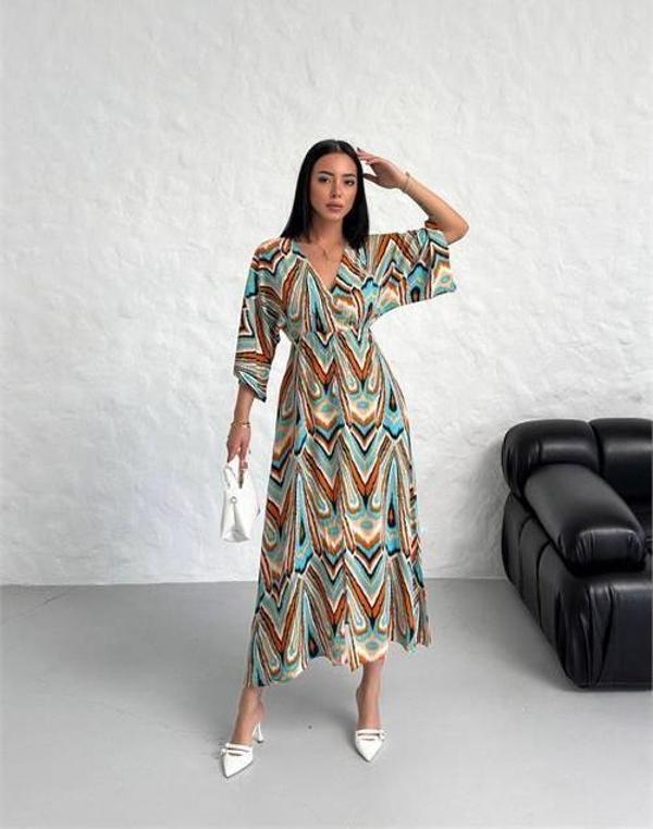 Dip Moda kadın düşük kol desenli viskonk elbise DPG021 - Image 1