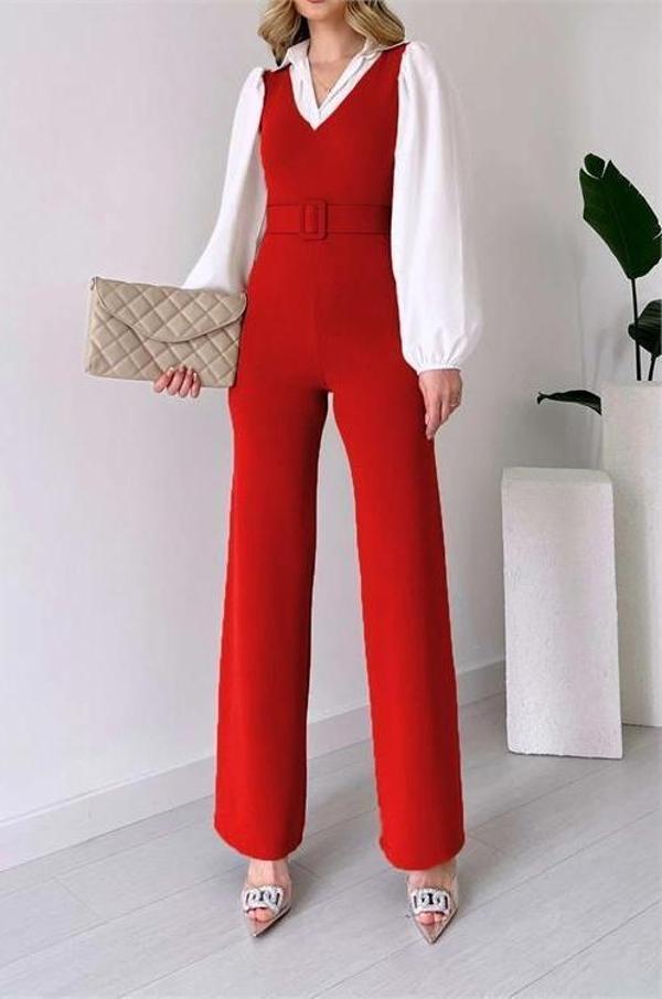 Dip Moda kadın kırmızı kemerli gömlek detaylı likralı tulum DPK2063 - Image 1