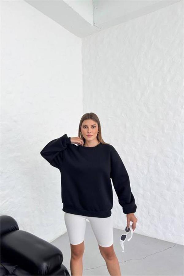 Dip Moda kadın siyah bisiklet yaka pamuklu sweat DPG031 - Image 1