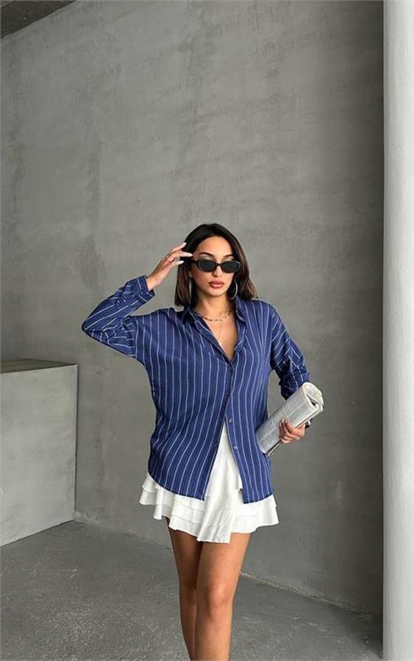 Dip Moda kadın çizgili oversize likralı gömlek DPG075 - Image 1