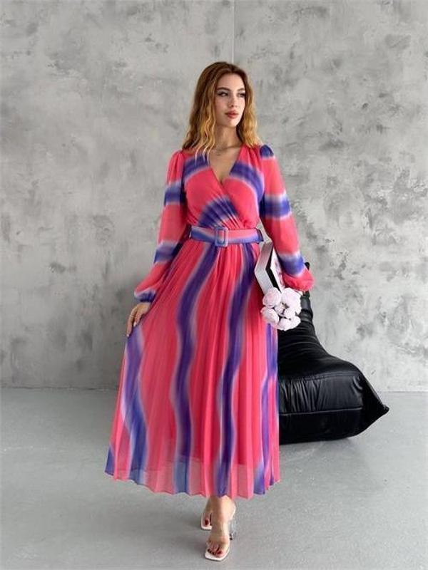 Dip Moda kadın kemerli kruvaze yaka piliseli şifon elbise DPK2113-1 - Image 1
