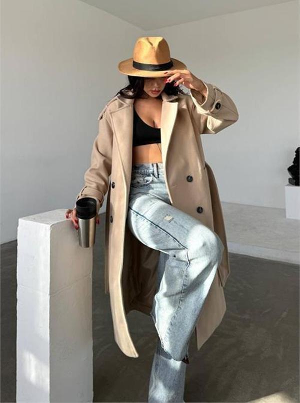 Dip Moda kadın bej ithal kumaş kaşe kaban DPMYLK26 - Image 1