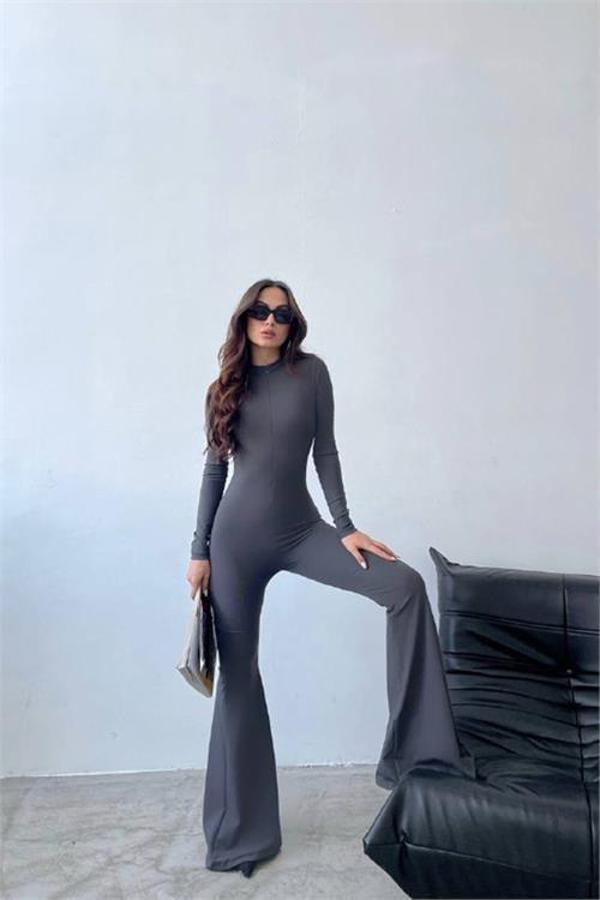 Dip Moda kadın gri fermuarlı ispanyol paça tulum DPDF009 - Image 1