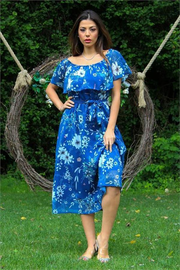 Dip Moda kadın indigo bağlama detaylı madonna yaka şifon elbise DP100371 - Image 1