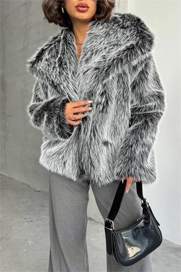 Dip Moda kadın gri ithal kumaş 1. kalite kürk kaban DPG053 - Image 1