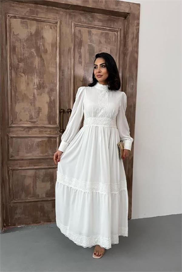 Kadın krep kumaş özel tasarım dantel detaylı astarlı elbise DPMS2533 - Image 1