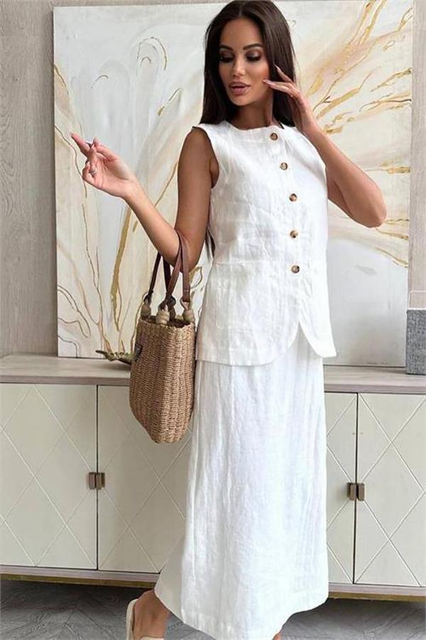 Dip Moda kadın keten etek yelek alt üst ikili takım DPEMP1072 - Image 1