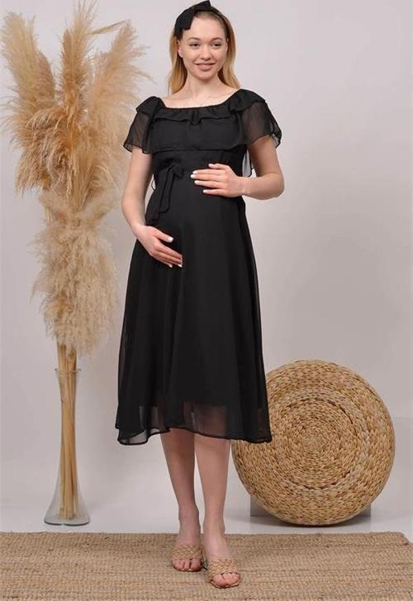 Dip Moda kadın siyah midi boy madonna yaka şifon hamile elbisesi HML8060 - Image 1