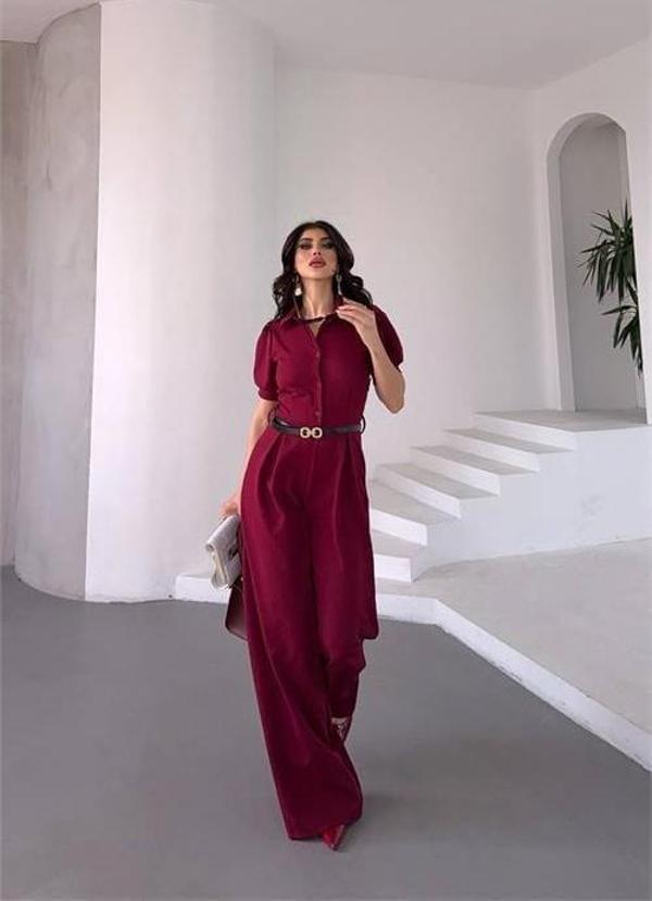 Gömlek yaka kemerli geniş paça tulum DPK4197 - Image 1