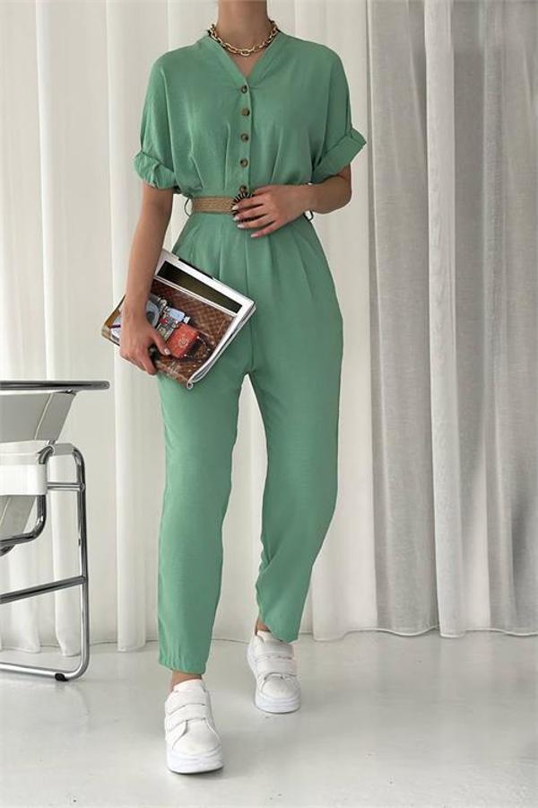 Dip Moda kadın düğmeli hasır kemerli ayrobin tulum DPTG2000 - Image 1