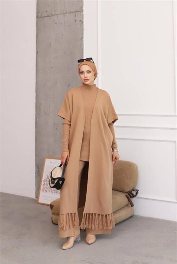 Dip Moda kadın camel tesettür üçlü triko takım NMS021 - Image 1