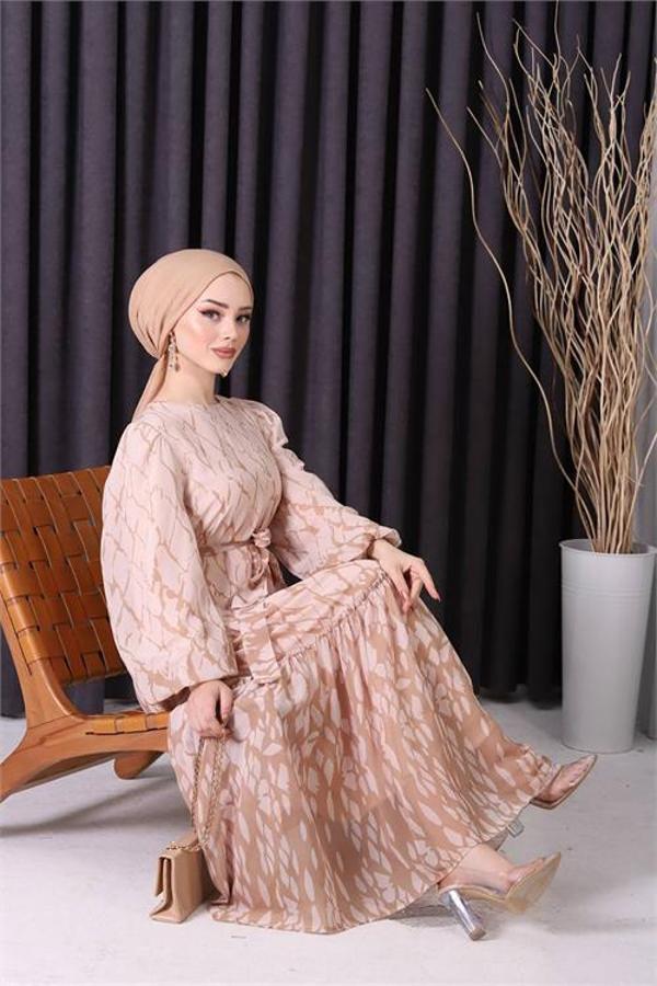 Dip Moda kadın şifon eteği fırfırlı desenli tesettür elbise SMS008 - Image 1