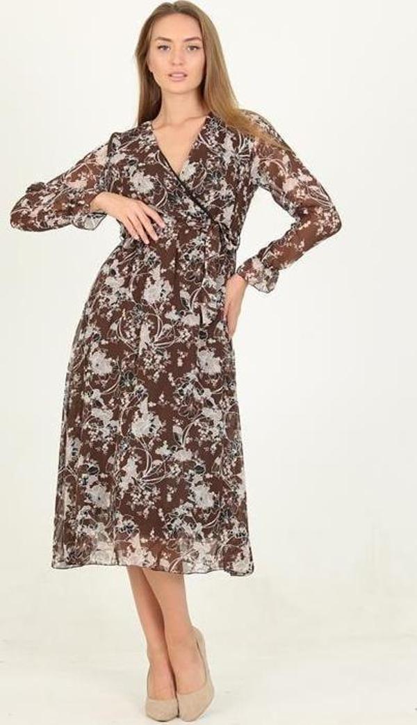 Dip Moda kadın kahverengi desenli midi boy şifon elbise RSSN15 - Image 1