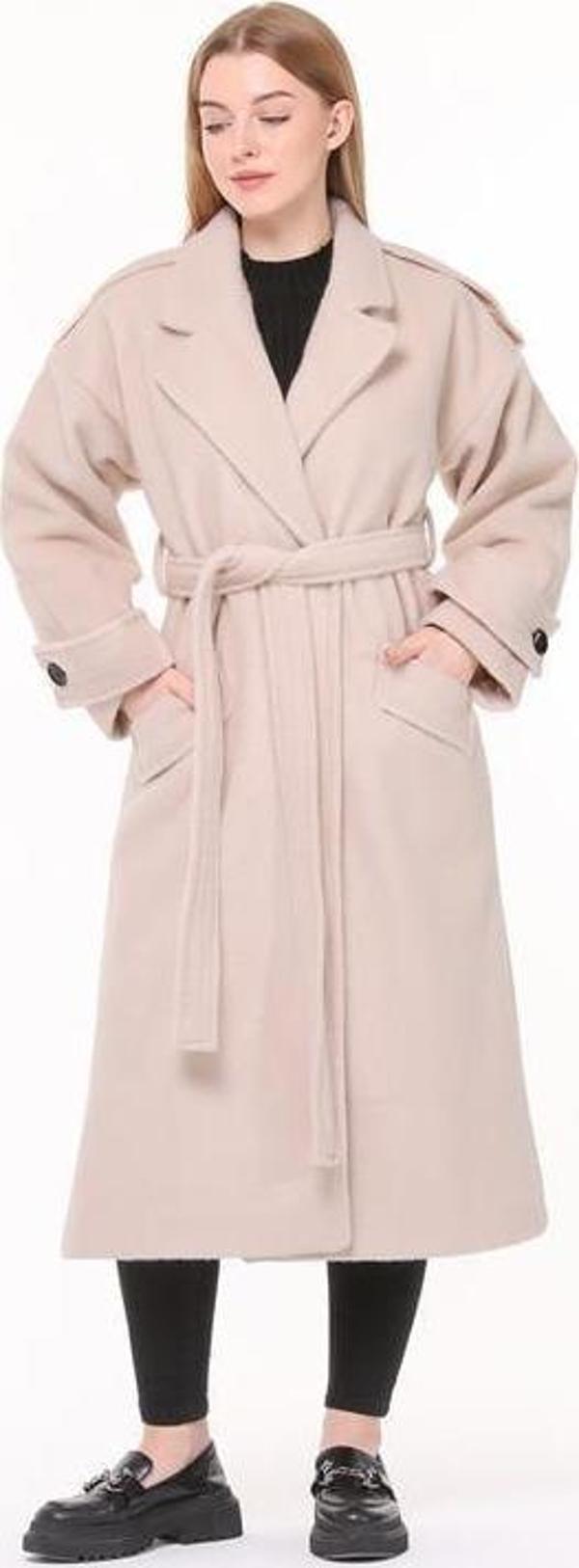 Dip Moda kadın astarlı oversize yün kaşe kaban DPPLTN02 - Bej - Image 1