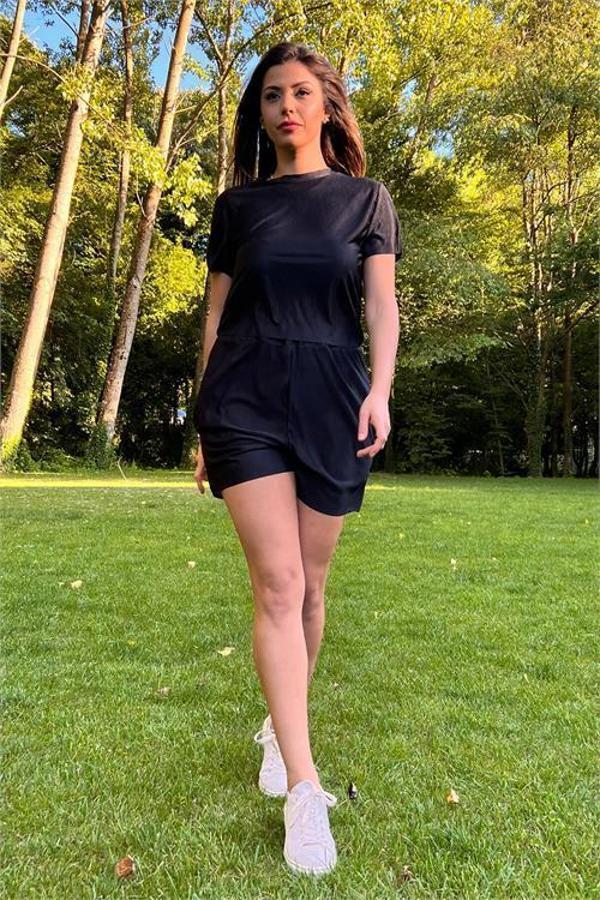 Dip Moda kadın siyah yeni sezon piliseli alt üst ikili takım DP10047 - Image 1