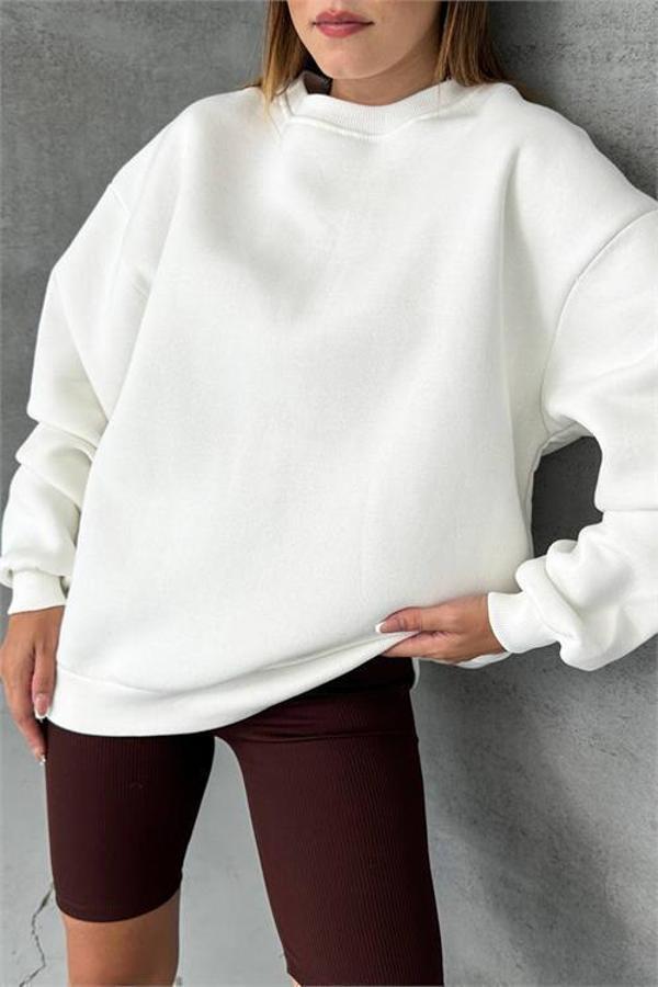 Dip Moda kadın ekru bisiklet yaka pamuklu sweat DPG031 - Image 1