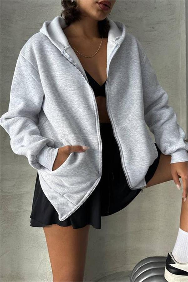 Dip Moda kadın gri kapuşonlu içi pamuklu sweat DPG030 - Image 1