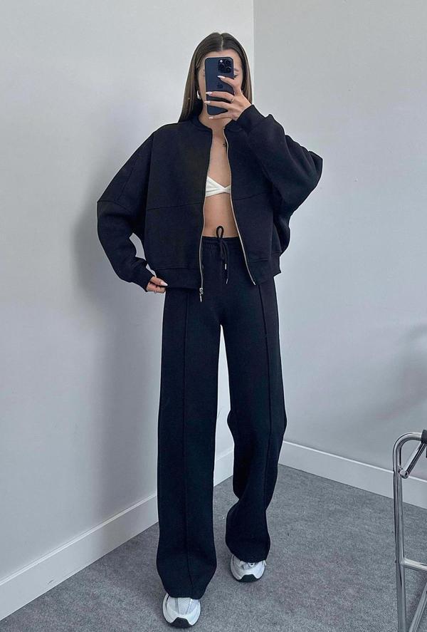 Dip Moda kadın 3 iplik içi pamuklu kışlık eşofman takımı GTS018 - Siyah - Image 1