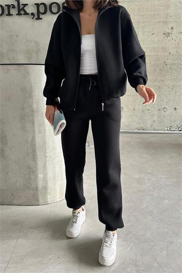 Dip Moda kadın siyah içi polarlı Jennifer eşofman takımı DPG028 - Image 1