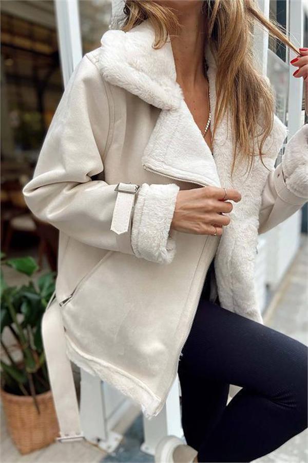 Dip Moda kadın ekru içi kürklü süet ceket MYLK11 - Image 1