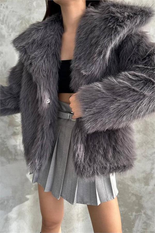 Dip Moda kadın antrasit ithal kürk kaban DPMYLK17 - Image 1