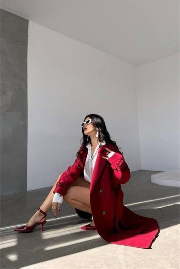 Dip Moda kadın bordo ithal kumaş kaşe kaban DPMYLK26 - Image 1