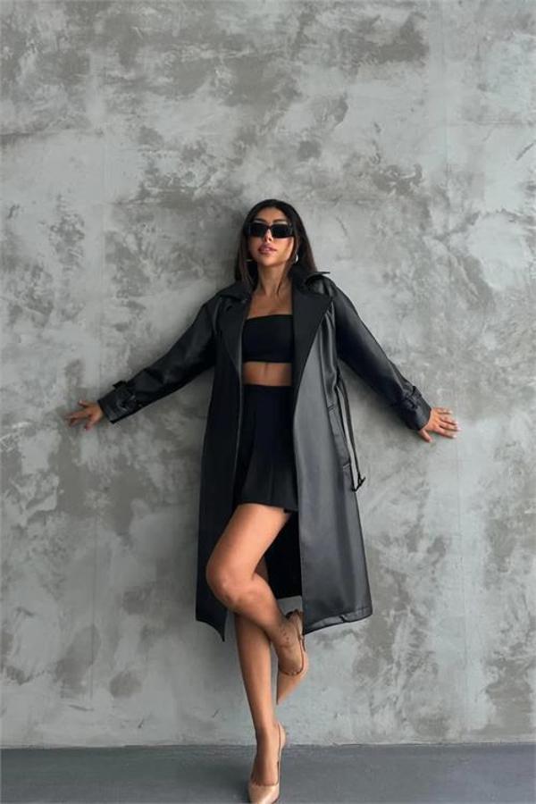 Dip Moda kadın Marilyn siyah suni deri trençkot DPMYLK21 - Image 1