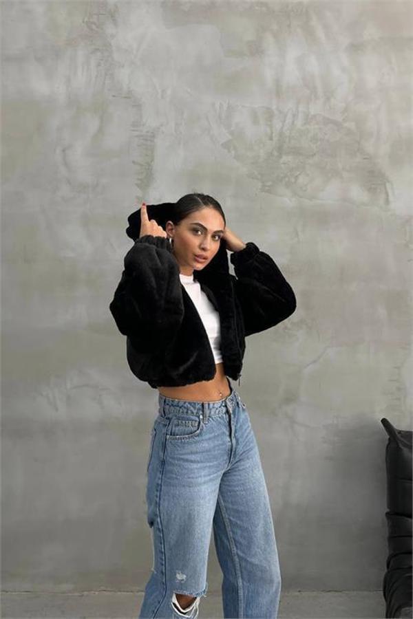 Dip Moda kadın siyah kapüşonlu peluş kısa ceket DPDM5001 - Image 1