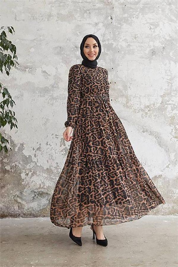 Dip Moda kadın leopar desenli ithal kumaş tesettür şifon elbise SMS028 - Image 1