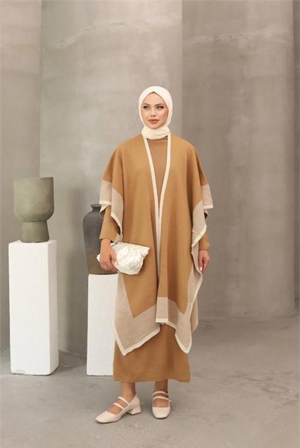 Dip Moda kadın triko pelerin detaylı tesettür elbise NMS018 - Image 1