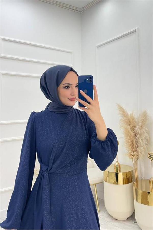 Dip Moda kadın bağlama detaylı jakarlı tesettür elbise NMS044 - Image 1