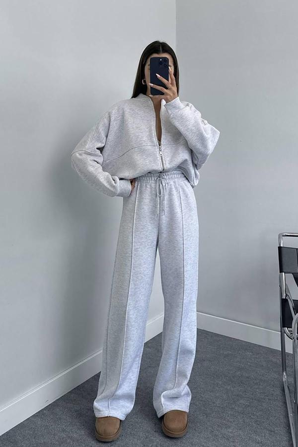 Dip Moda kadın şardonlu üç iplik eşofman takımı GTS018 - Gri Melanj - Image 1