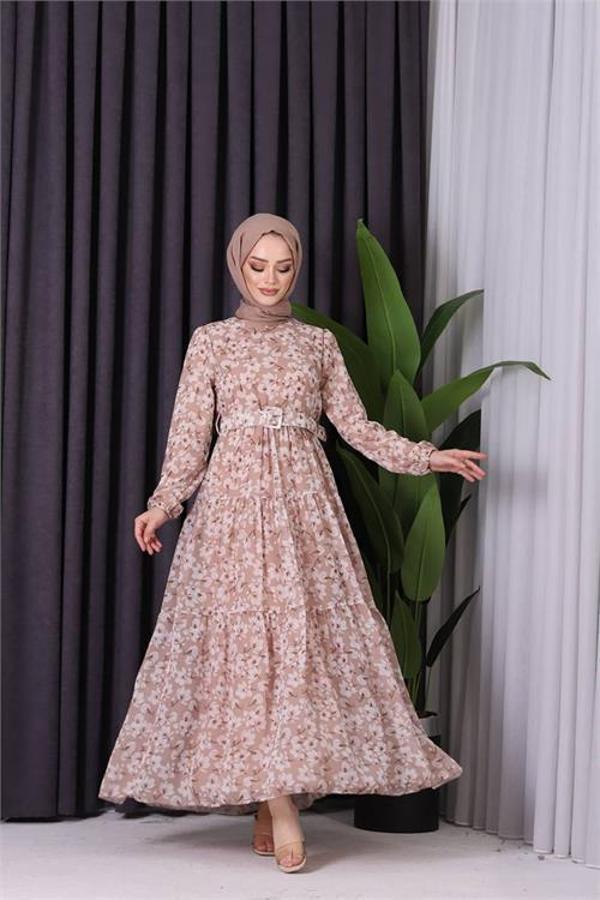 Dip Moda kadın şifon kemerli tesettür elbise SMS001 - Bej - Image 1