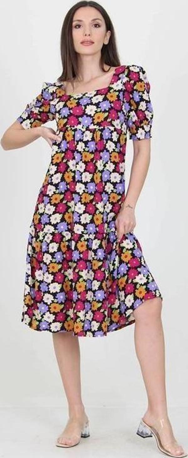 Dip Moda kadın lila kare yaka eteği fırfırlı çiçek desenli viskon elbise DP10026 - Image 1