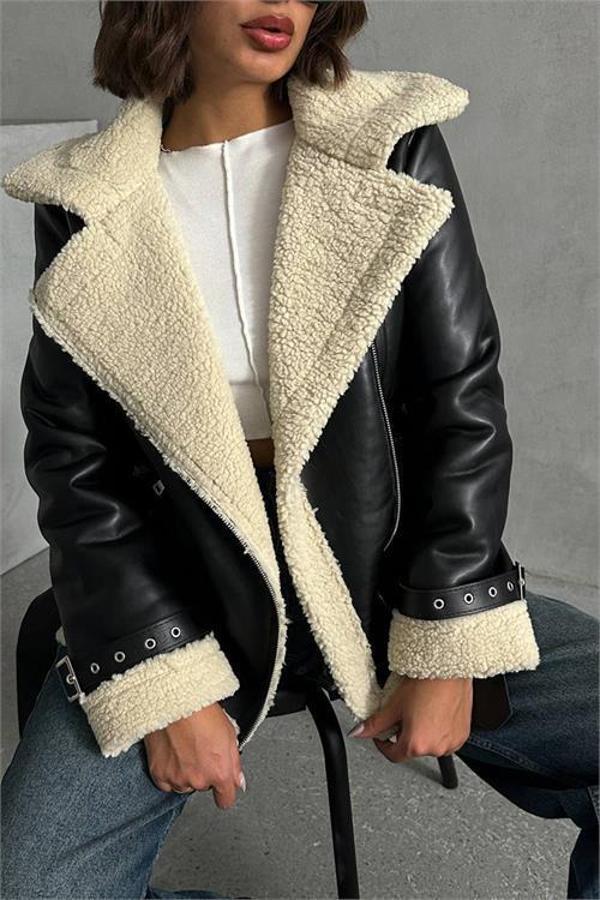 Dip Moda kadın siyah deri içi kıvırcık biker ceket DPG049 - Image 1