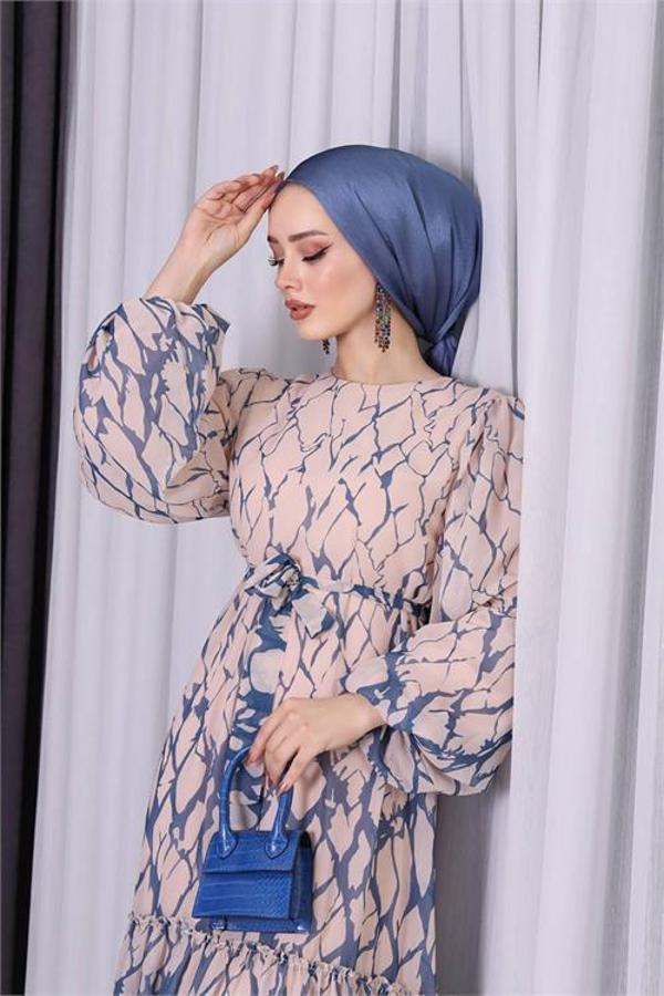 Dip Moda kadın şifon eteği fırfırlı desenli tesettür elbise SMS008 - Image 1