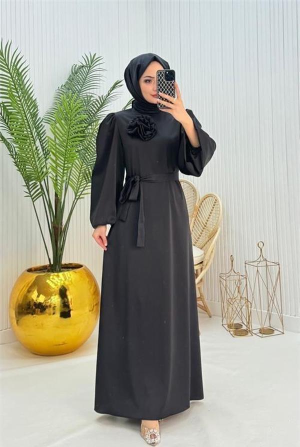 Dip Moda kadın saten gül detaylı tesettür elbise NMS038 - Image 1