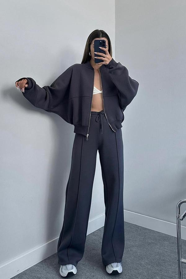 Dip Moda kadın 3 iplik içi pamuklu kışlık eşofman takımı GTS018 - Antrasit - Image 1