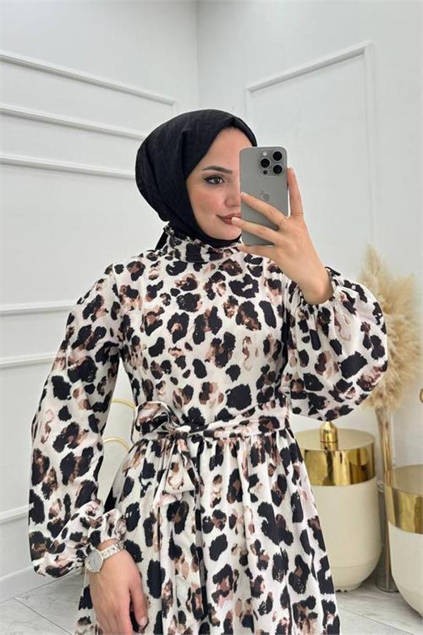 Dip Moda kadın saten kuşaklı eteği fırfırlı tesettür elbise NMS008 - Image 1